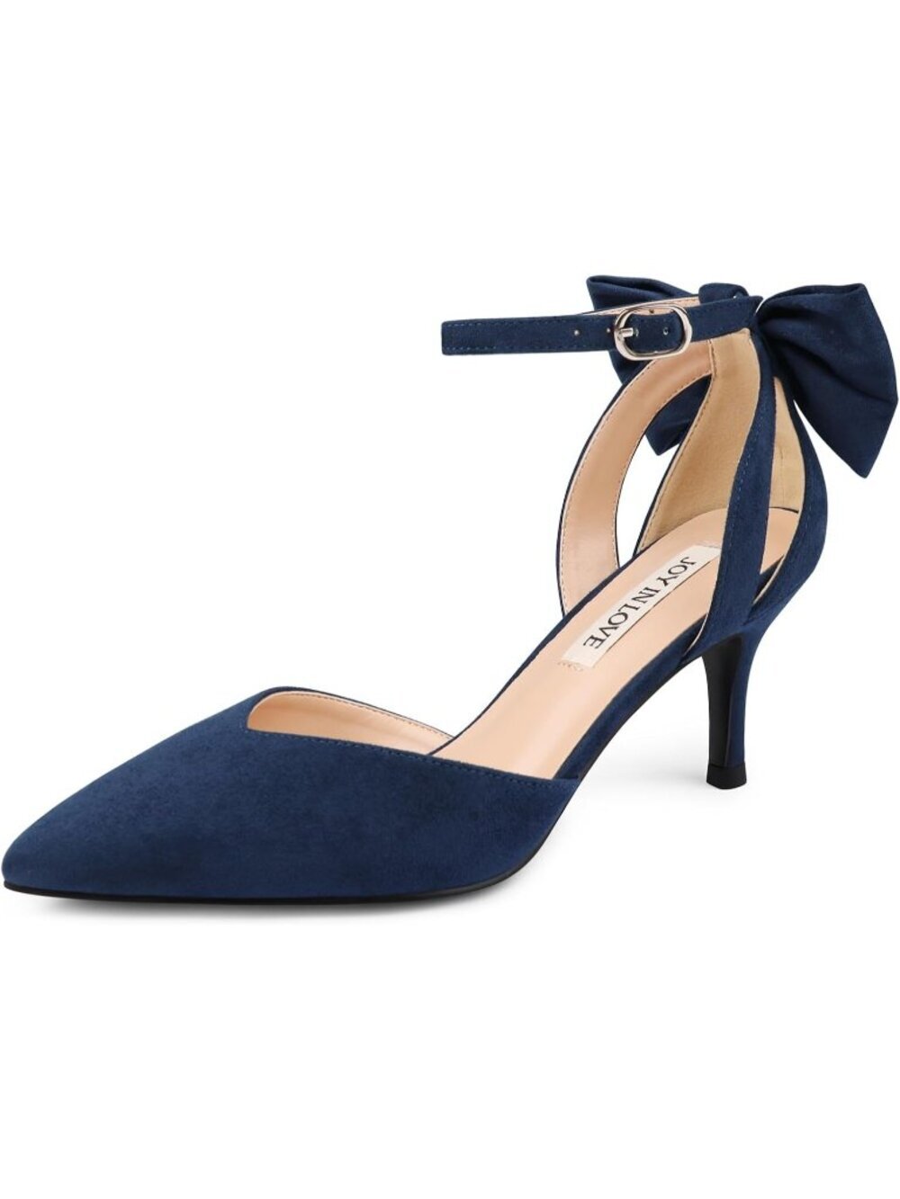 Women's Navy Suede Kitten Bow Closed Pointed Toe Sandals Ankle Strap Dress Shoe